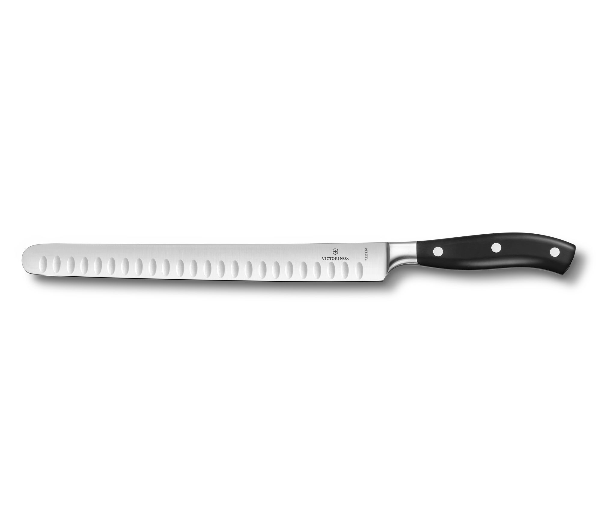Ein Victorinox Tranchiermesser mit schwarzem Griff und silberner, gezahnter Klinge.
