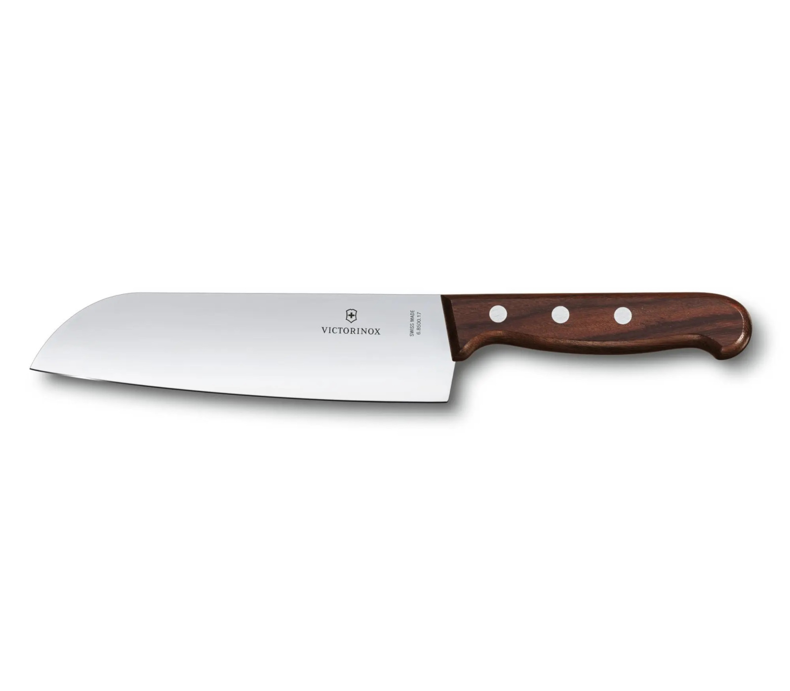 Kochmesser mit Holzgriff. Die Klinge ist silberfarben, der Griff hat drei Nieten.