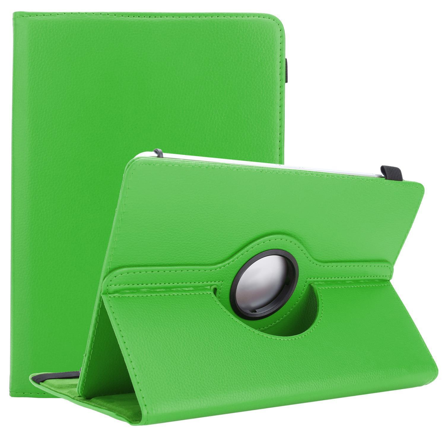 Grüne Tablethülle. Ein Tablet befindet sich in der Hülle, mit offenem Ständer. Die Hülle ist aus Leder.