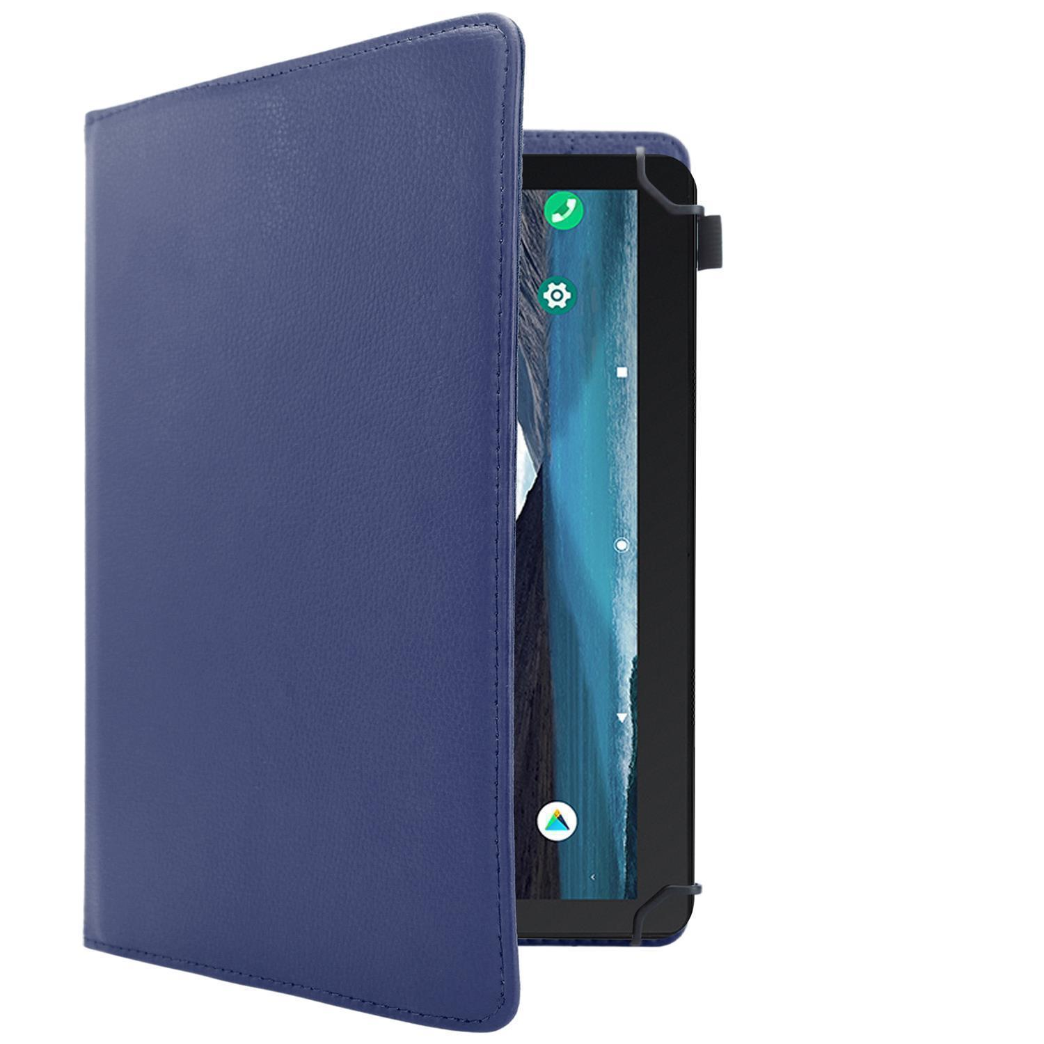 Blaue Tablethülle. Tablette im Inneren. Gehäuse ist geöffnet, Bildschirm sichtbar. Dunkelblaues, lederartiges Material.