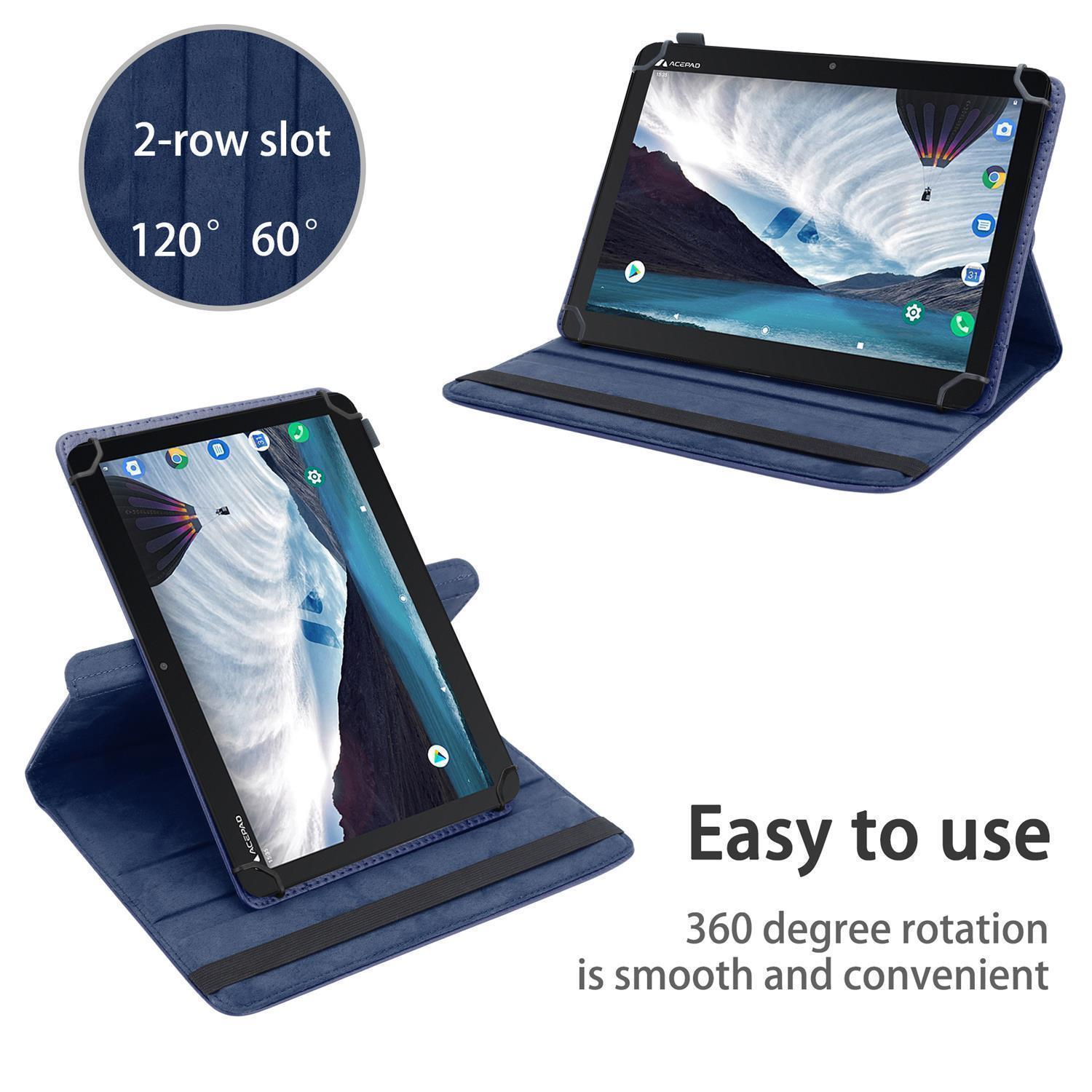 Zwei Bilder eines blauen Tablets in einer Hülle, mit 360-Grad-Drehung. Text sagt, es ist einfach zu bedienen.