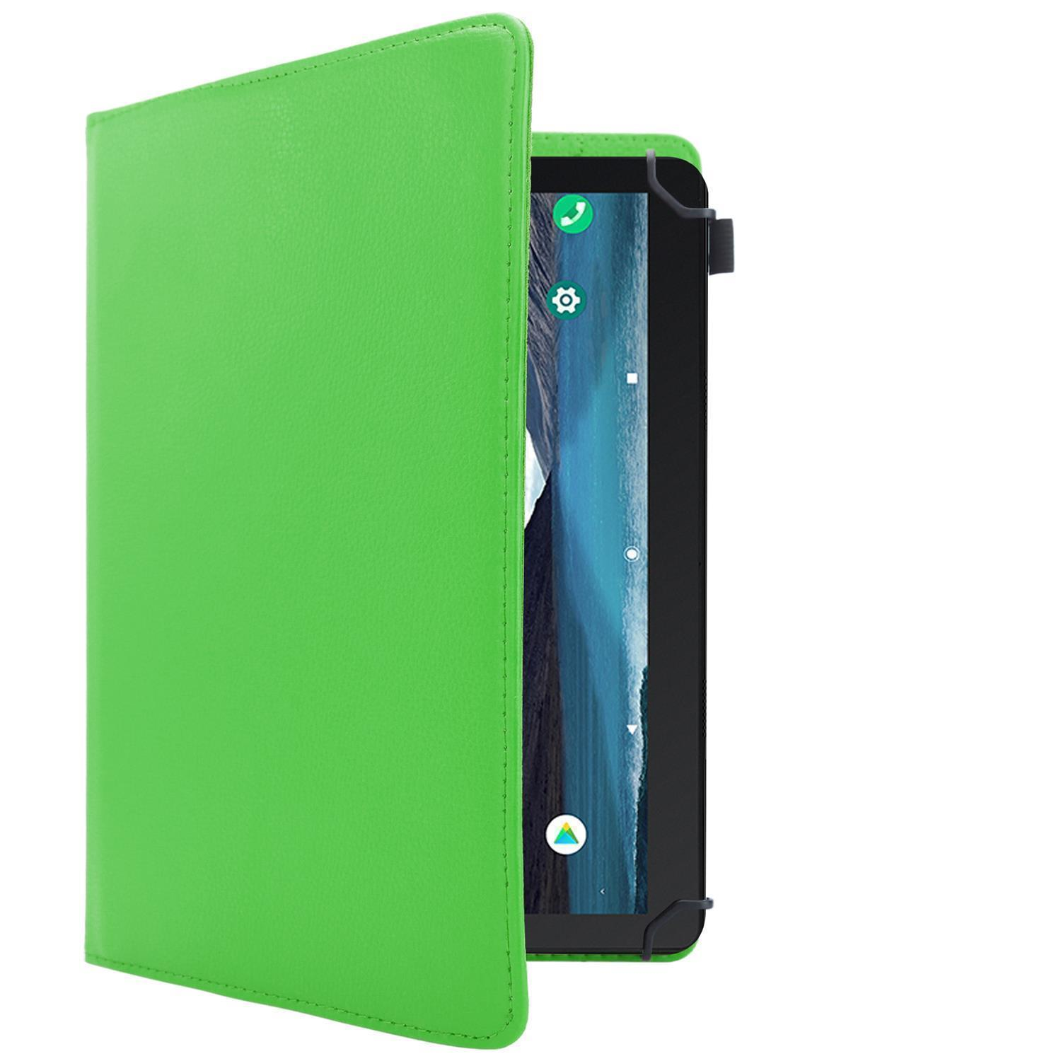 Grüne Tablethülle, geschlossen, zeigt das Tablet darin, mit dem Bildschirm zum Betrachter.