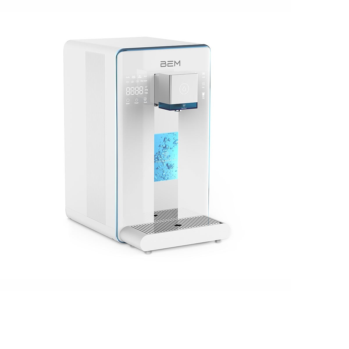 Ein weißer Wasserspender mit blauem Licht. Der Spender hat Knöpfe und ein Display. Weißer Hintergrund.