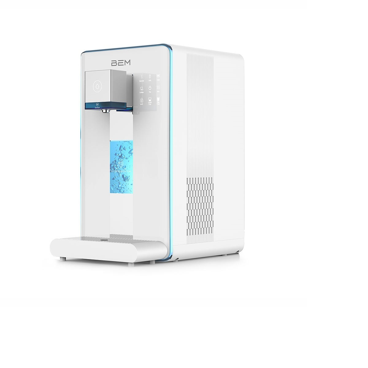 Weißer Wasserspender mit blauem Licht. Der Spender steht vor weißem Hintergrund.