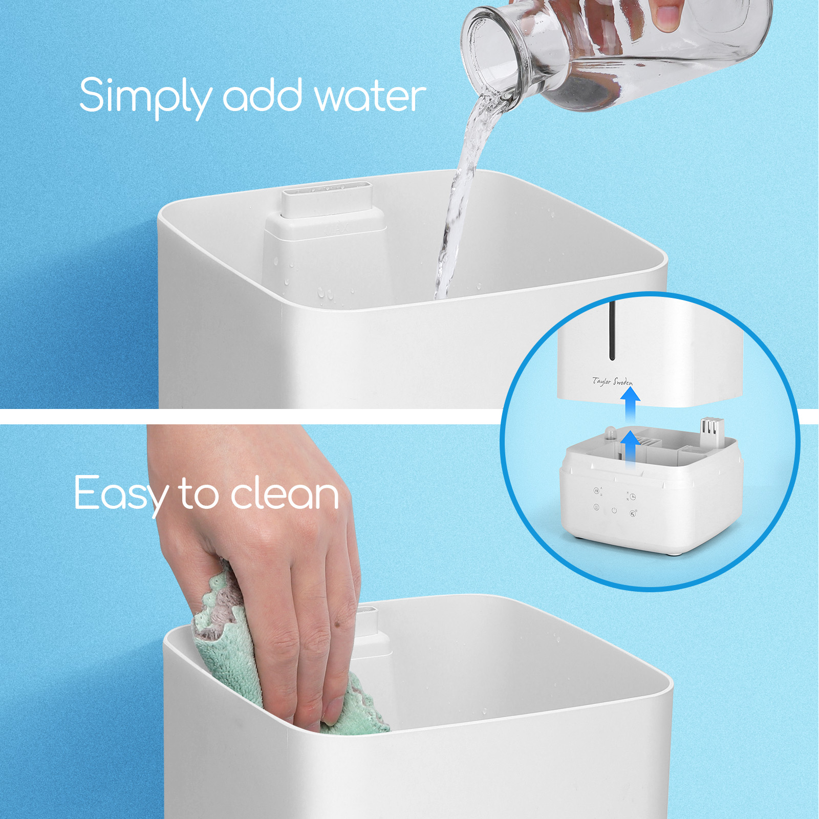 Ein weißer Luftbefeuchter mit blauem Hintergrund. Text: Einfach Wasser hinzufügen. Leicht zu reinigen.