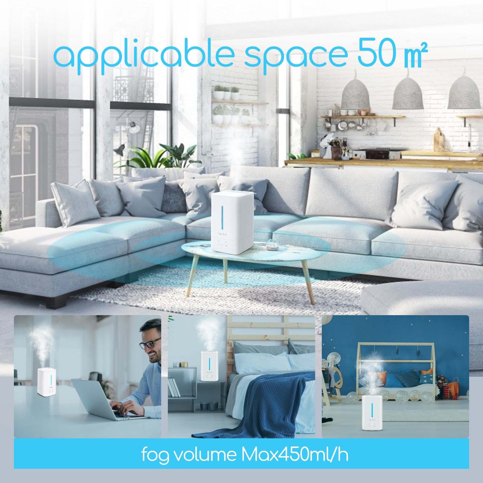 Raum mit Sofa, Luftbefeuchter und drei kleineren Szenen, die die Verwendung des Luftbefeuchters zeigen.