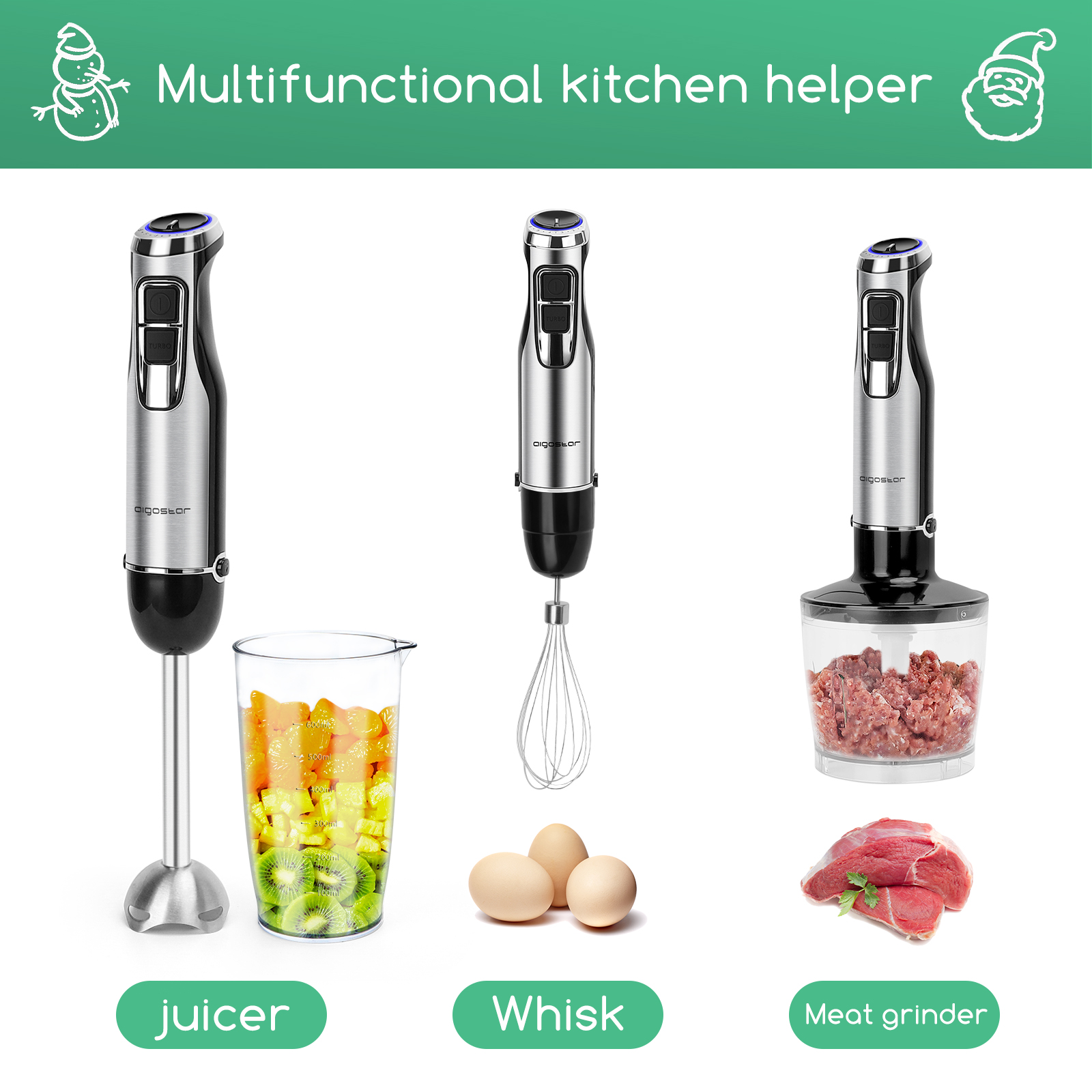 Drei Stabmixer mit verschiedenen Aufsätzen und Zutaten: Obst, Eier und Fleisch.