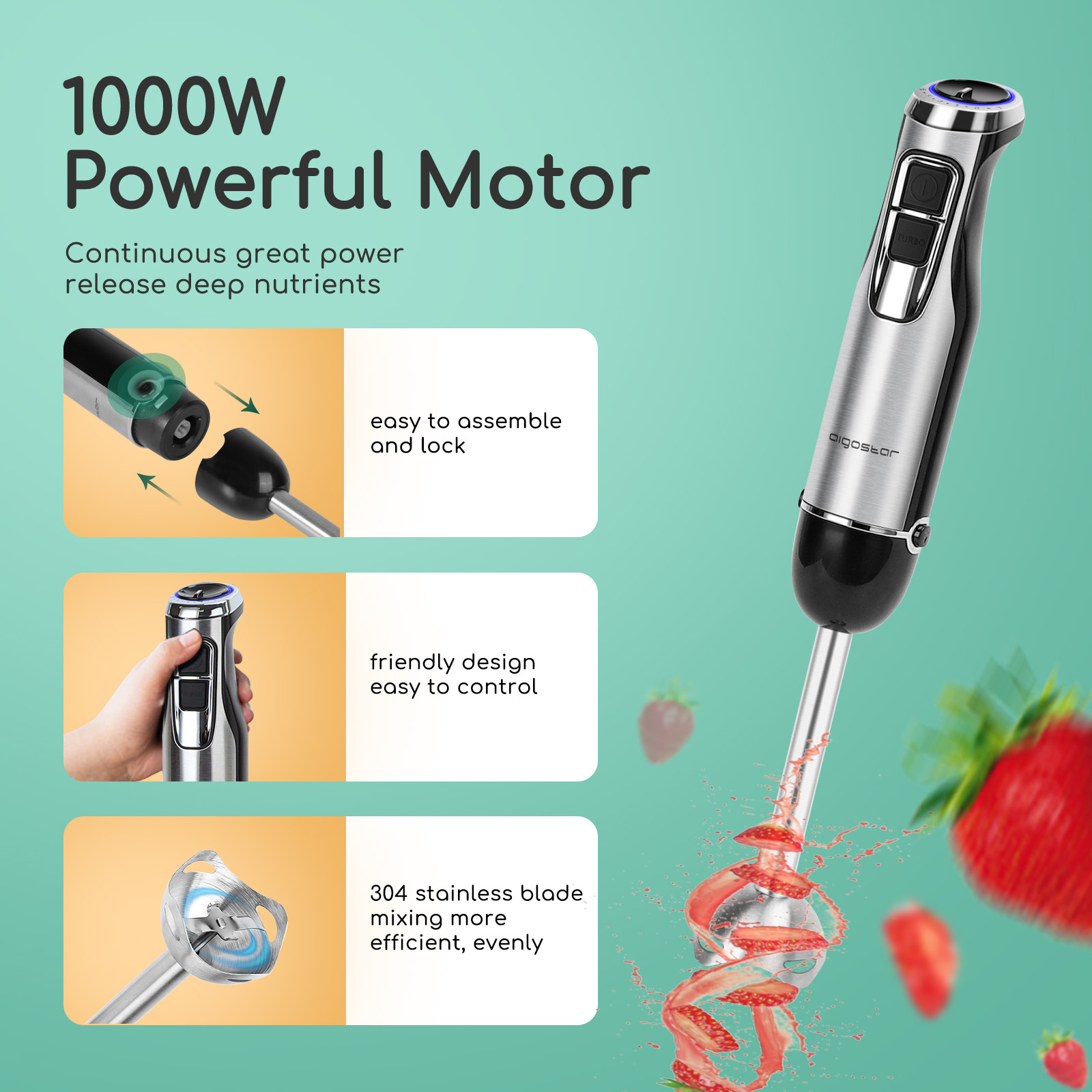 Handmixer mit detaillierten Abschnitten. Es zeigt die Teile und ihre Funktion. Erdbeeren im Hintergrund.