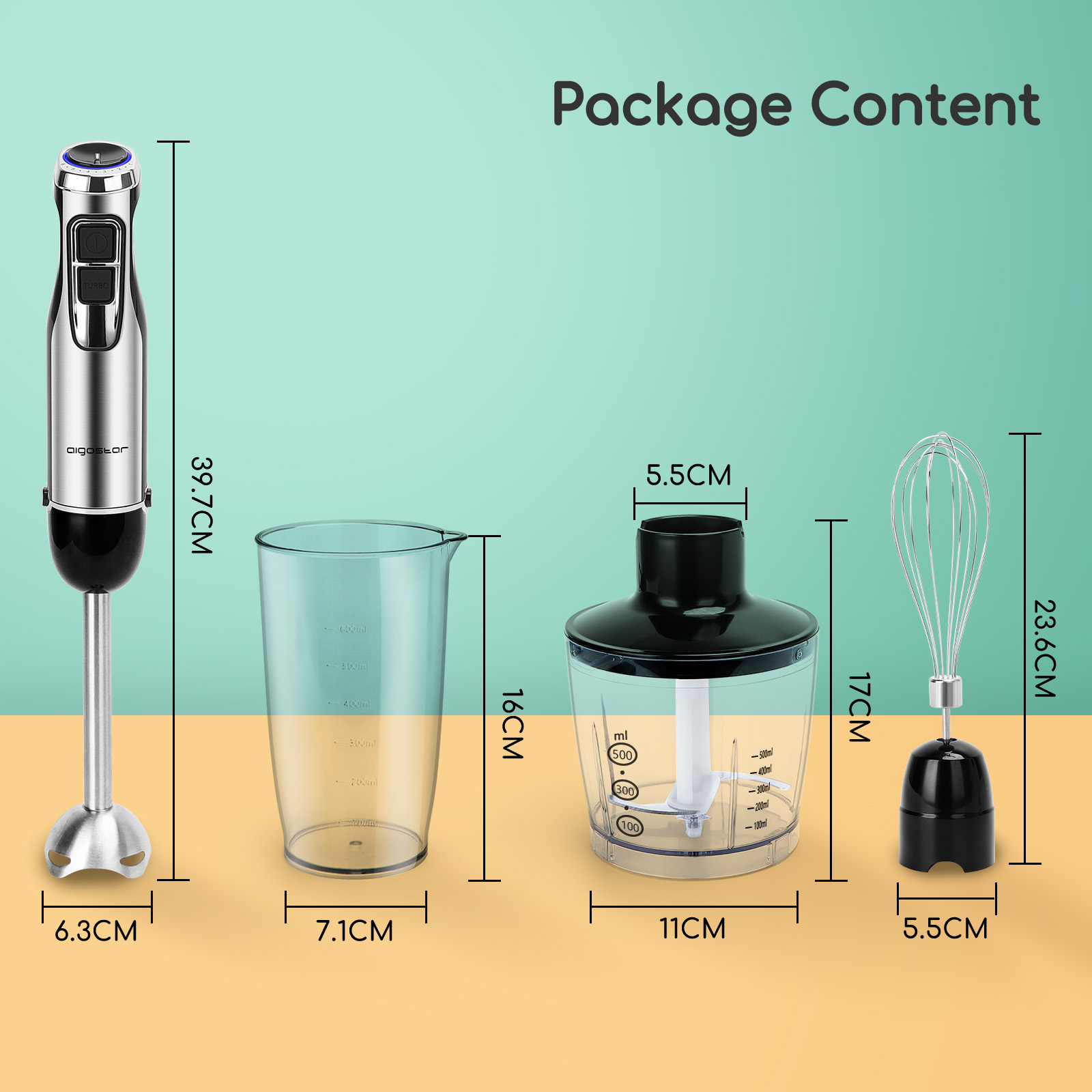 Handmixer mit Zubehör: Becher, Zerkleinerer und Schneebesen. Grün und türkisfarbener Hintergrund.