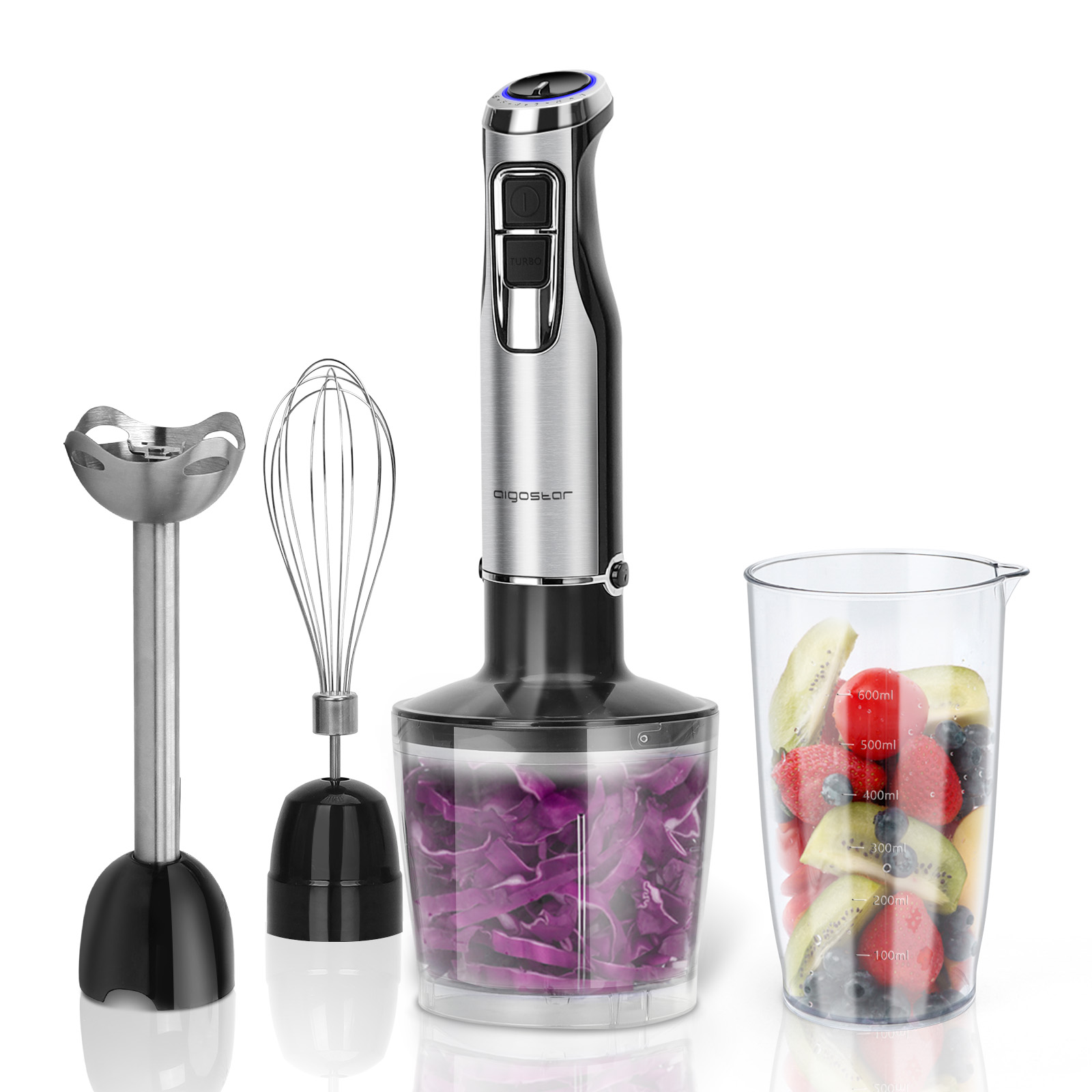 Ein Stabmixer mit Zubehör und einem Behälter mit Obst.