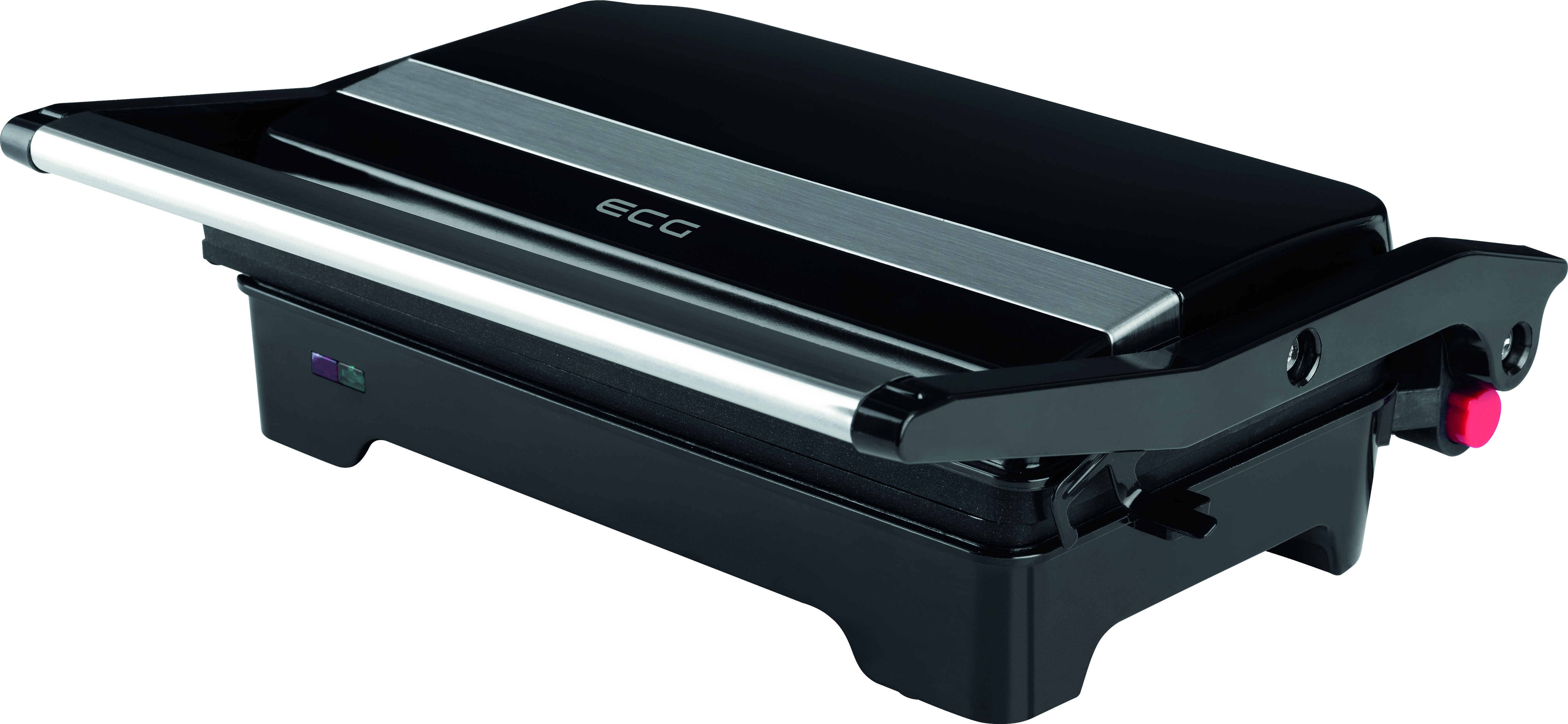 Ein schwarzer Sandwichmaker mit silbernem Griff. Der Toaster ist geschlossen.