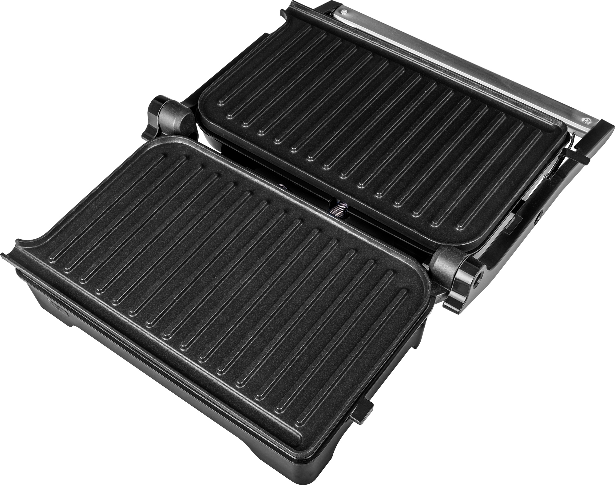 Schwarzer Sandwichmaker, offen, zeigt geriffelte Platten. Der Toaster steht auf weißem Hintergrund.