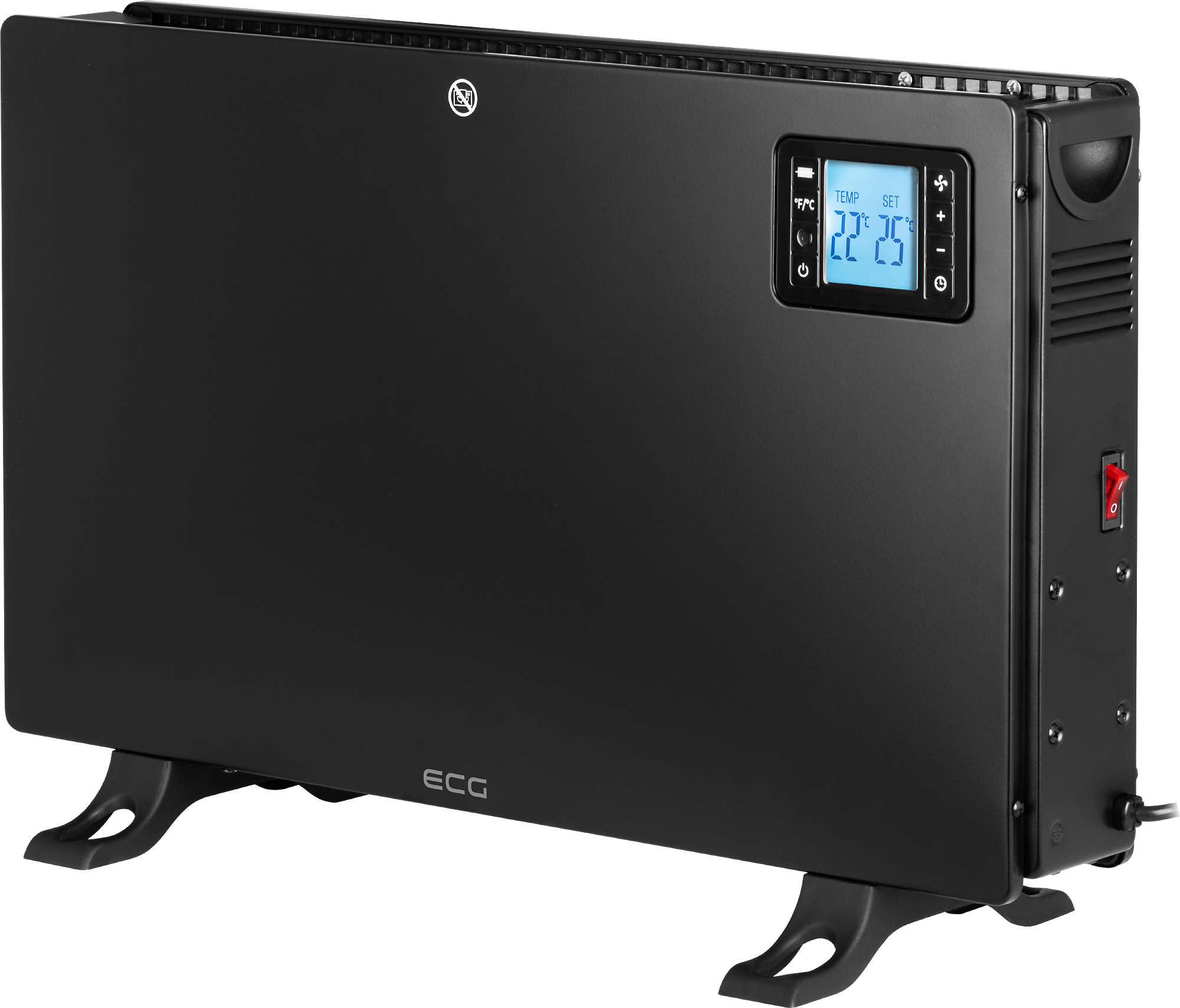 Riscaldatore elettrico nero con display digitale che mostra 22°C. Ha piedini neri e un interruttore rosso.