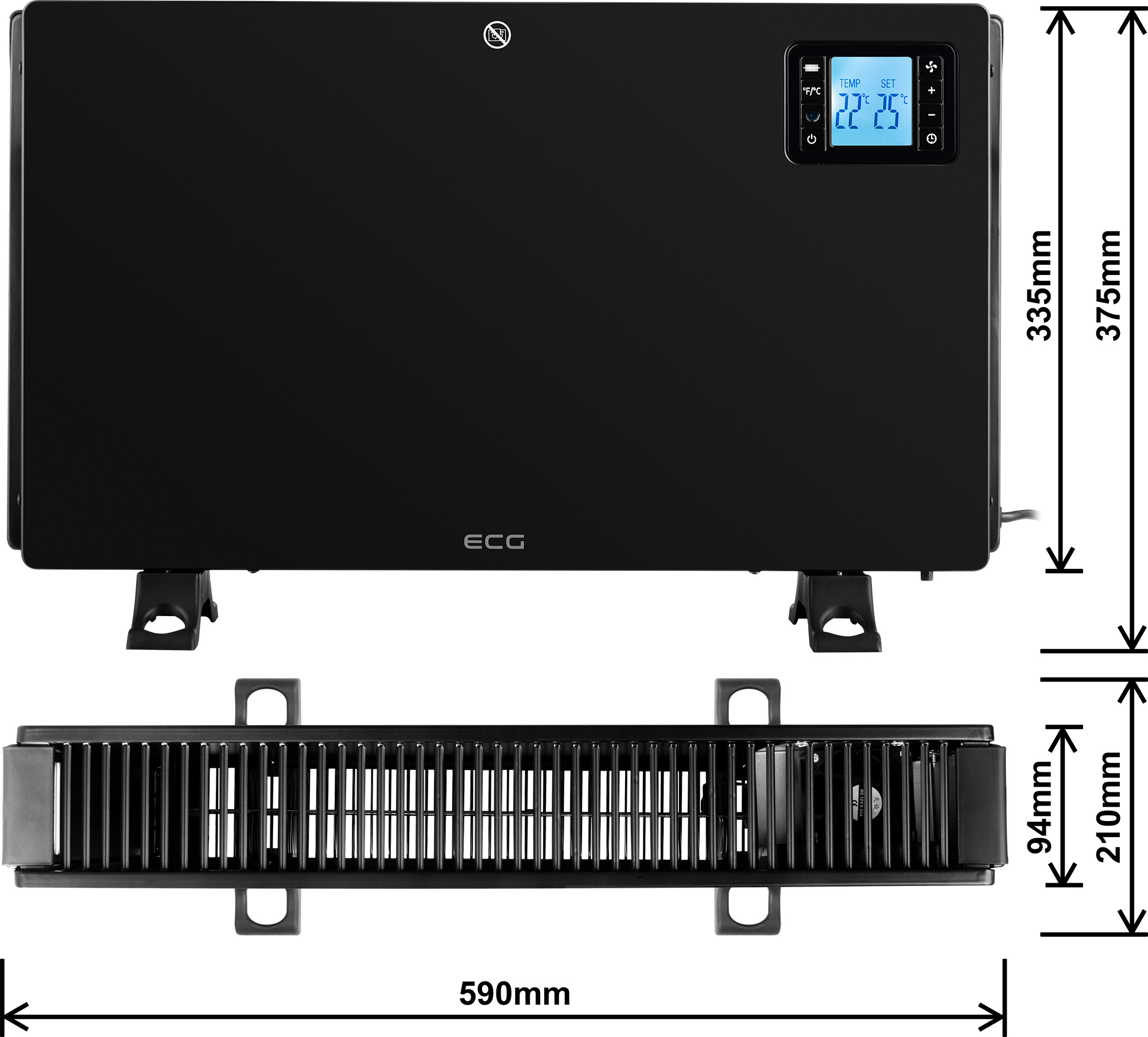 Stufa elettrica nera con dimensioni. Ha un display digitale e due gambe di supporto. Le dimensioni sono visualizzate.
