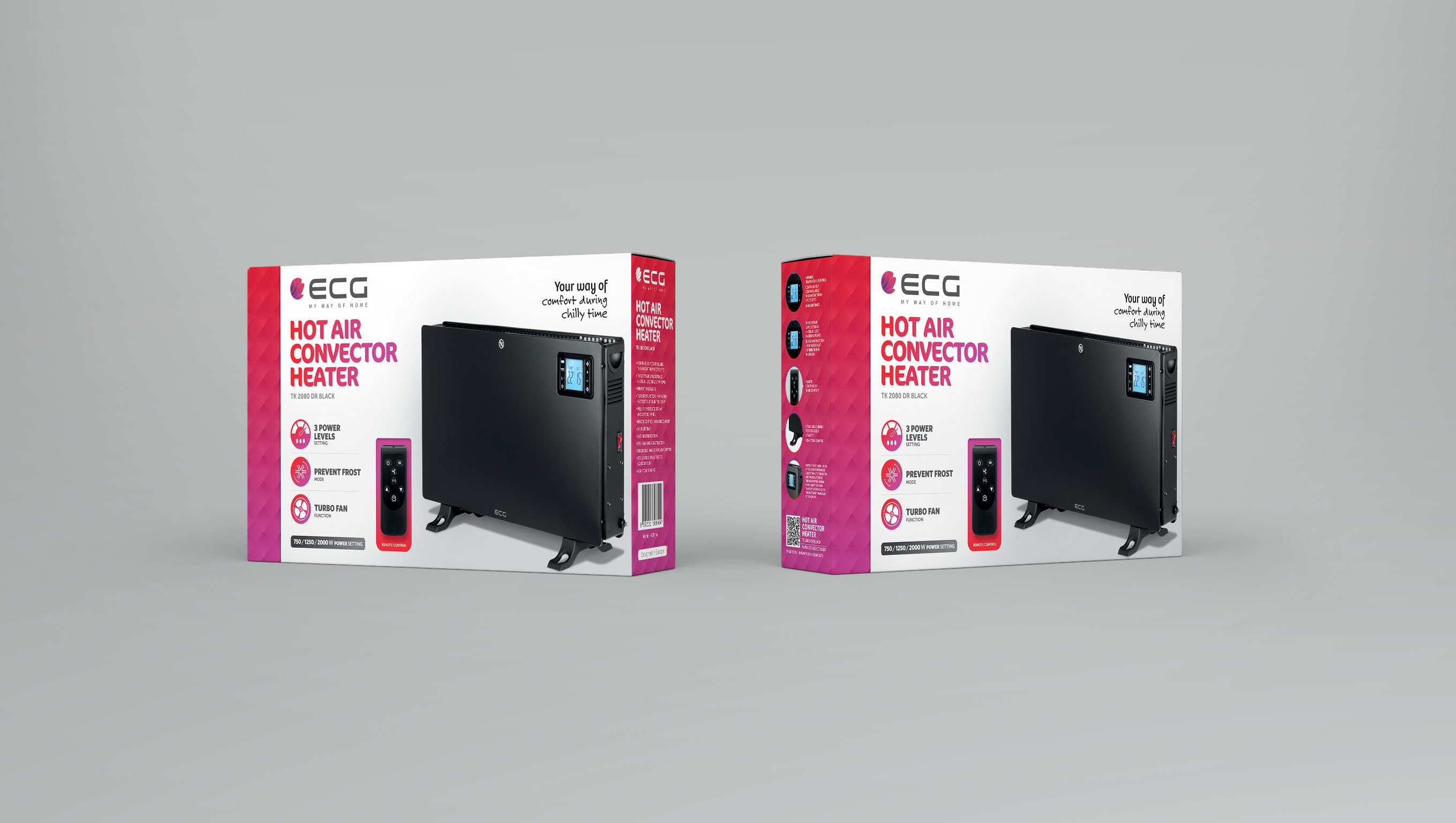 Due scatole di ECG HOT AIR CONVECTOR HEATER affiancate su uno sfondo grigio.