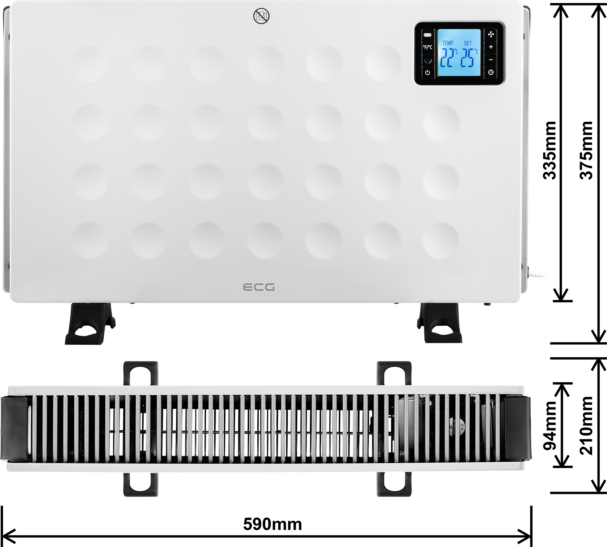 Biały grzejnik elektryczny z wymiarami wyświetlanymi w ramce.