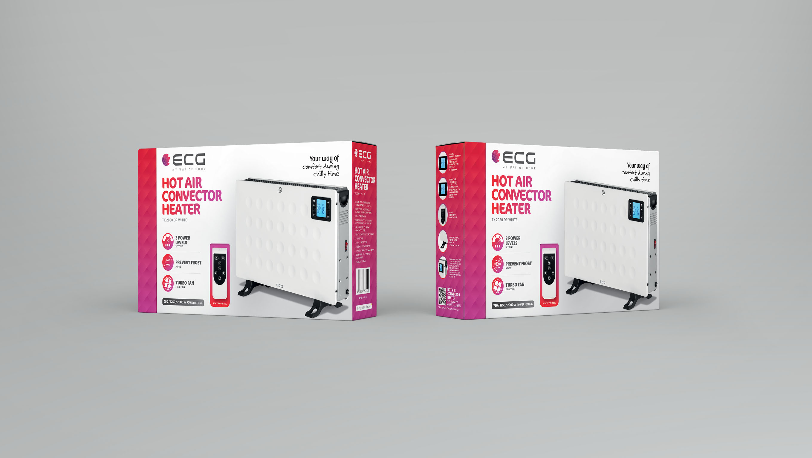 Dwa pudełka grzejnika konwektorowego na gorące powietrze, z tekstem i zdjęciami produktu. Szare tło.