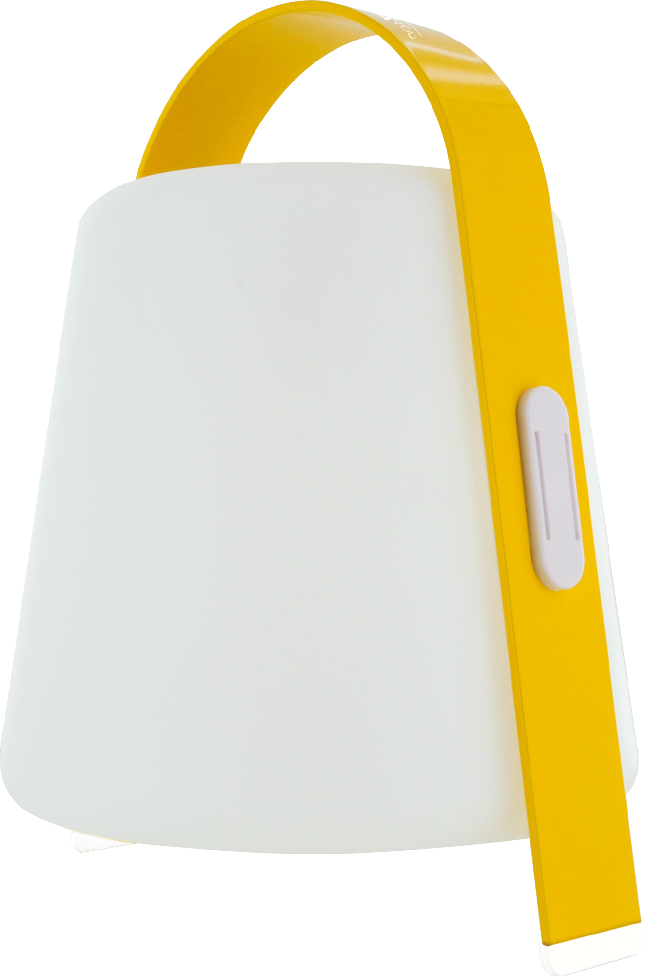 Eine weiß-gelbe Lampe mit gelbem Griff. Weißer Körper und Griff.