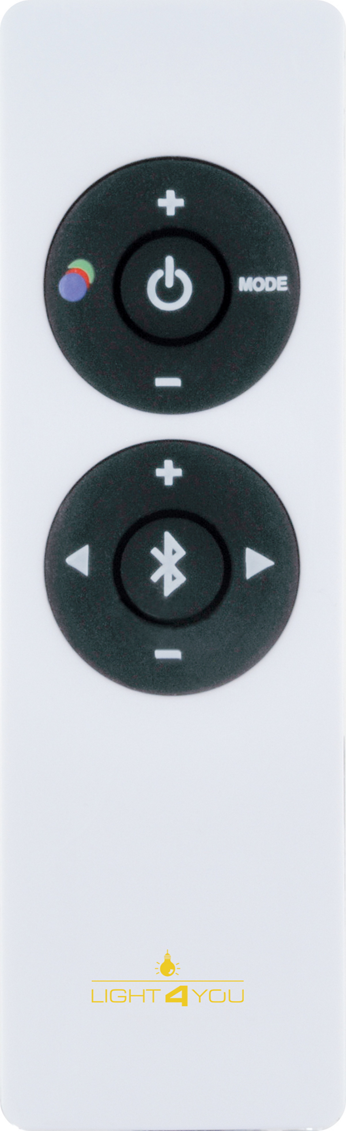 Weiße Fernbedienung mit schwarzen kreisförmigen Tasten und einem Bluetooth-Symbol.