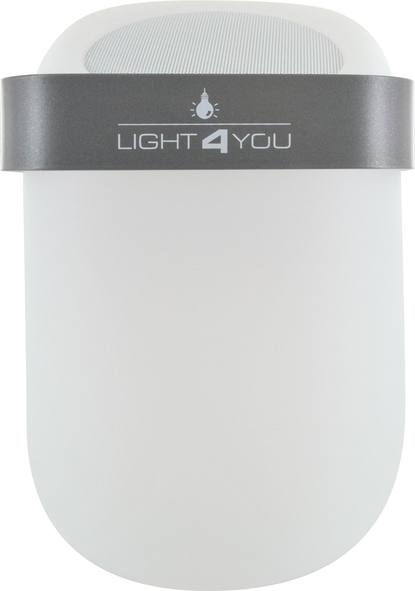 Ein weißer, ovaler Lautsprecher mit silbernem Band und dem Schriftzug 'LIGHT 4 YOU'.