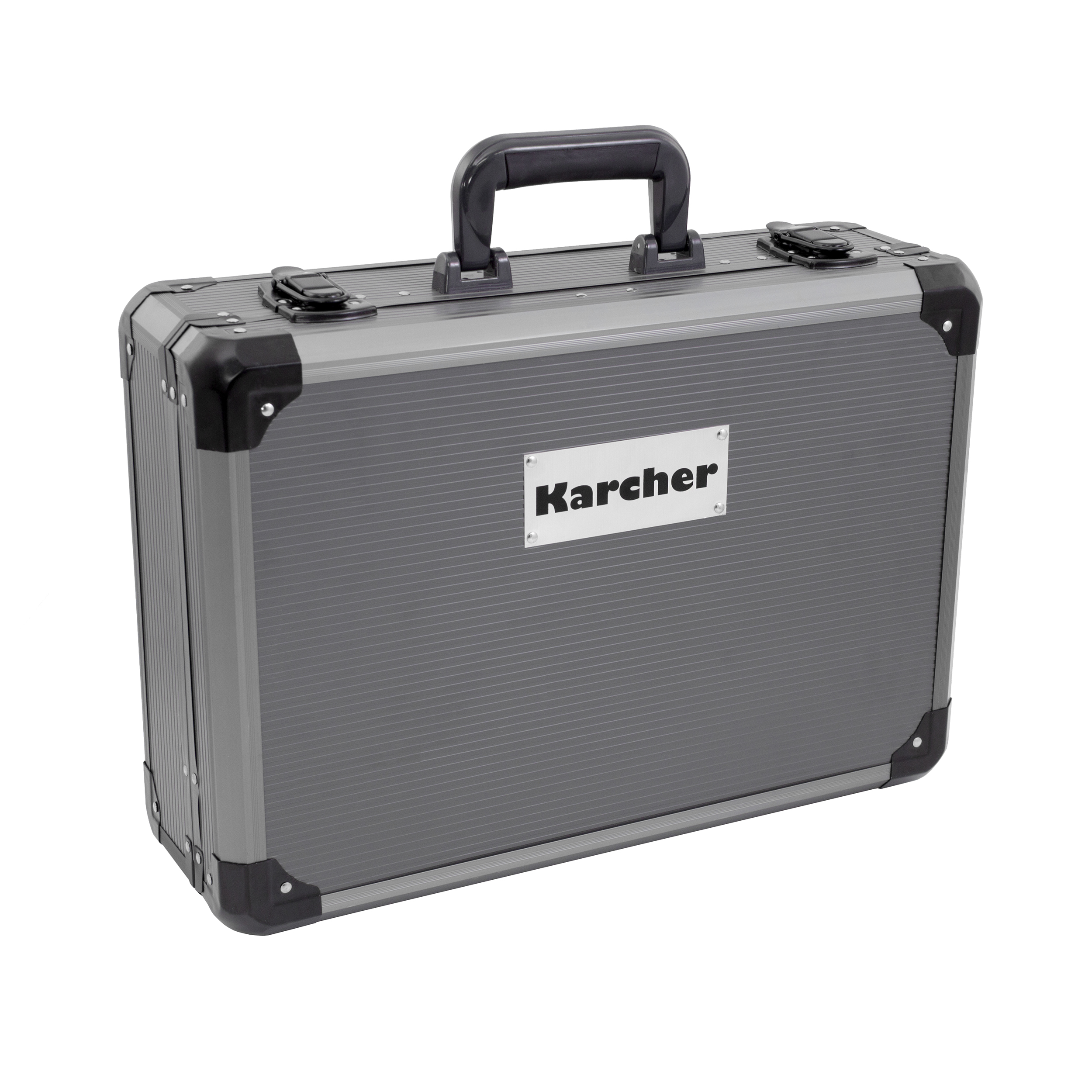 Grauer Karcher-Aktenkoffer mit Griff, geschlossen und mit Etikett.