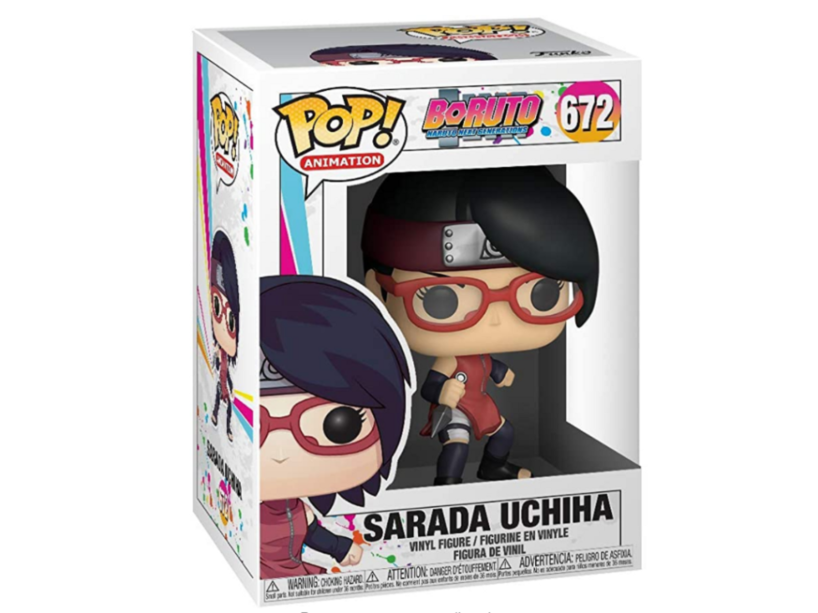 Una figura de vinilo Pop! de Sarada Uchiha en una caja.