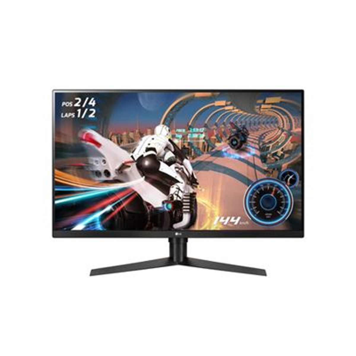 Monitor gaming mostrando un juego de carreras. La pantalla muestra una pista con una moto.