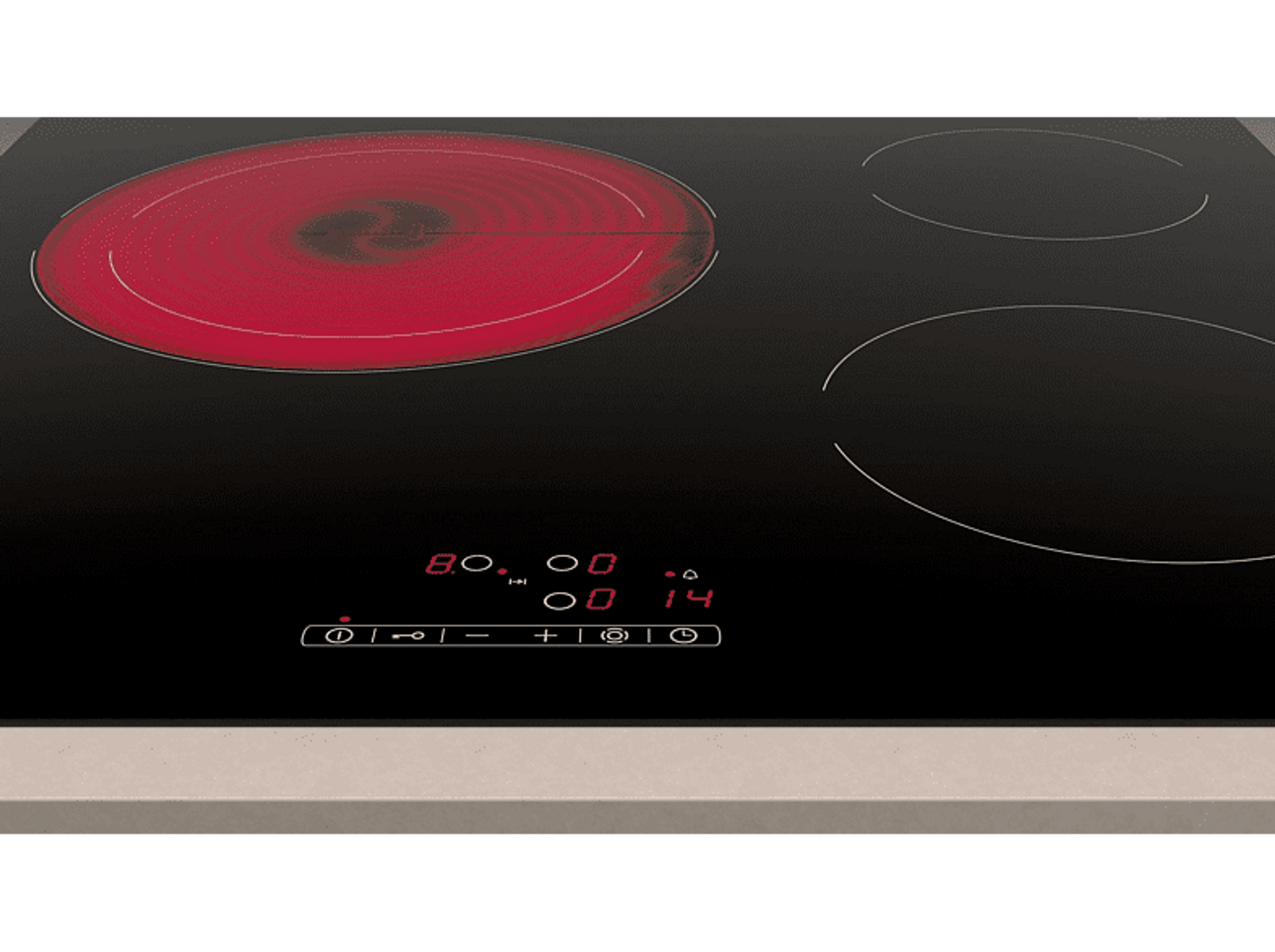 Czarna płyta ceramiczna z czerwoną strefą gotowania i wyświetlaczem cyfrowym.