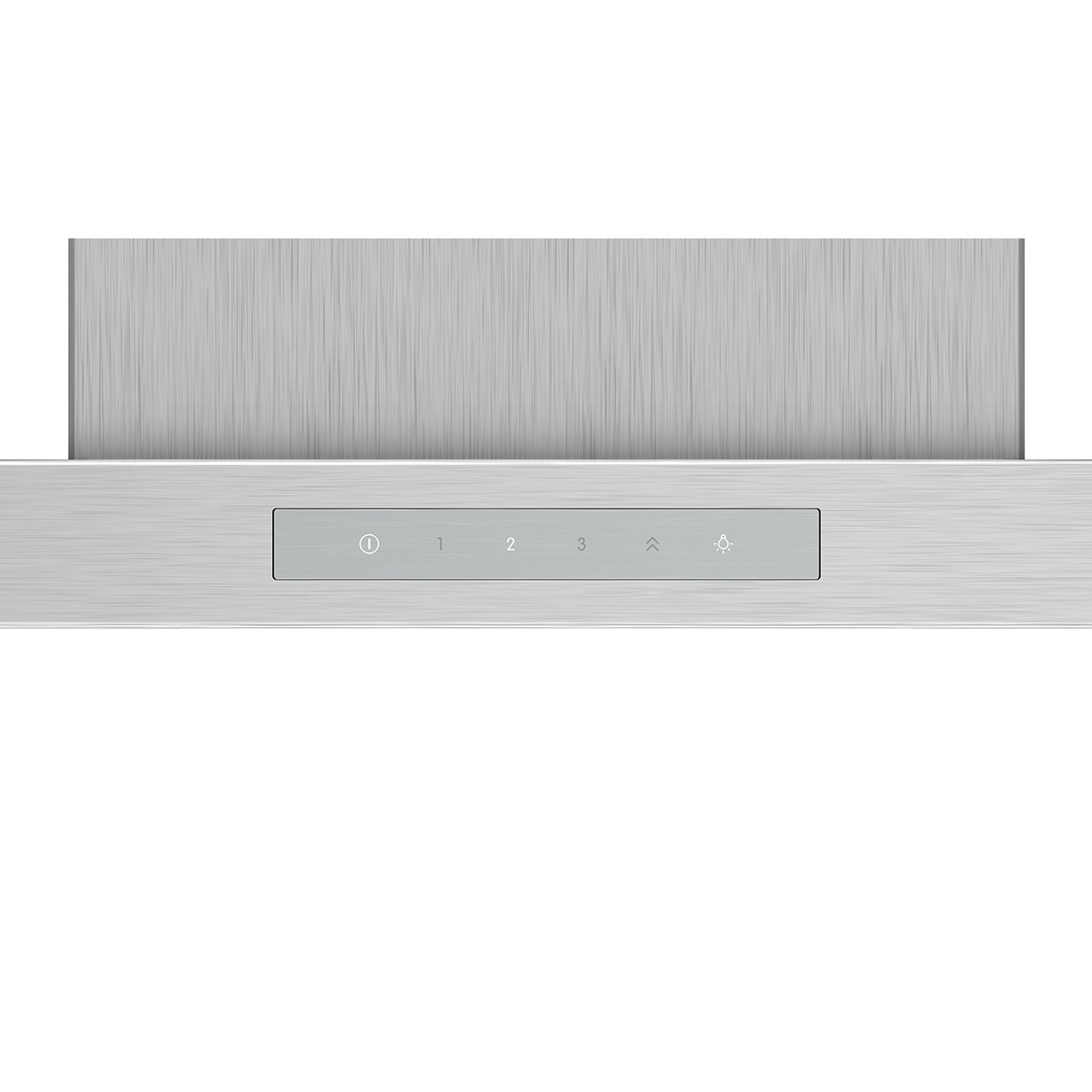 Una campana extractora de acero inoxidable con tres botones. Los botones son para luz, energía y velocidad del ventilador.