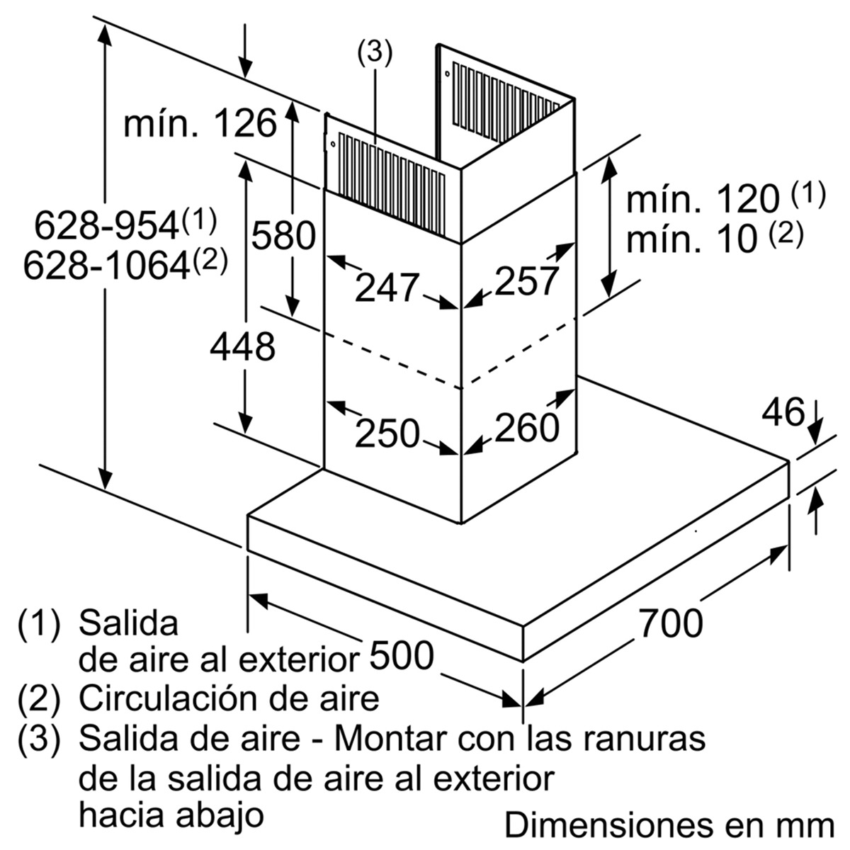 Dibujo técnico de campana extractora, con dimensiones en mm, mostrando detalles.