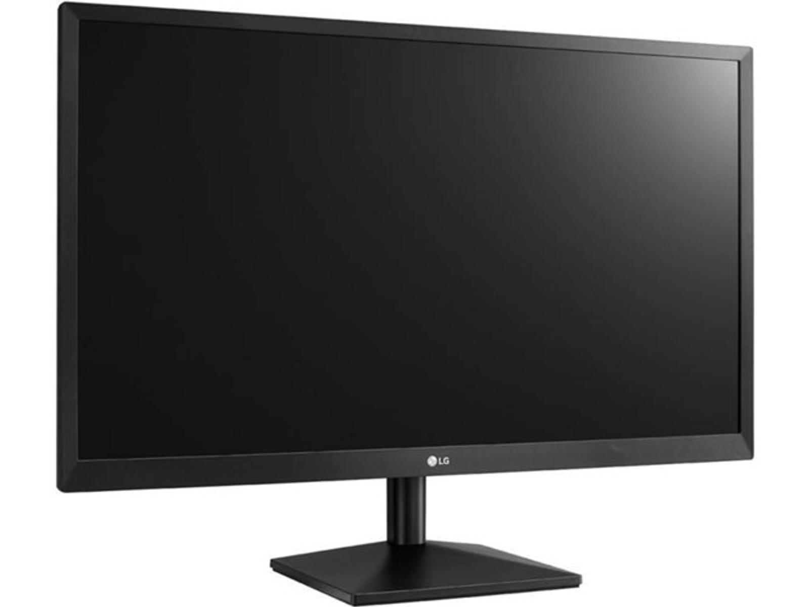 Un monitor per computer nero con supporto, che mostra uno schermo scuro.