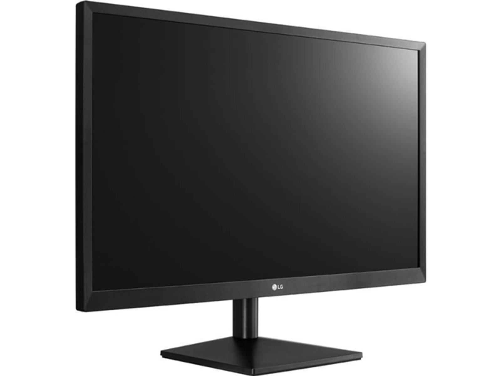 Un monitor per computer nero su un supporto nero. Lo schermo è vuoto.