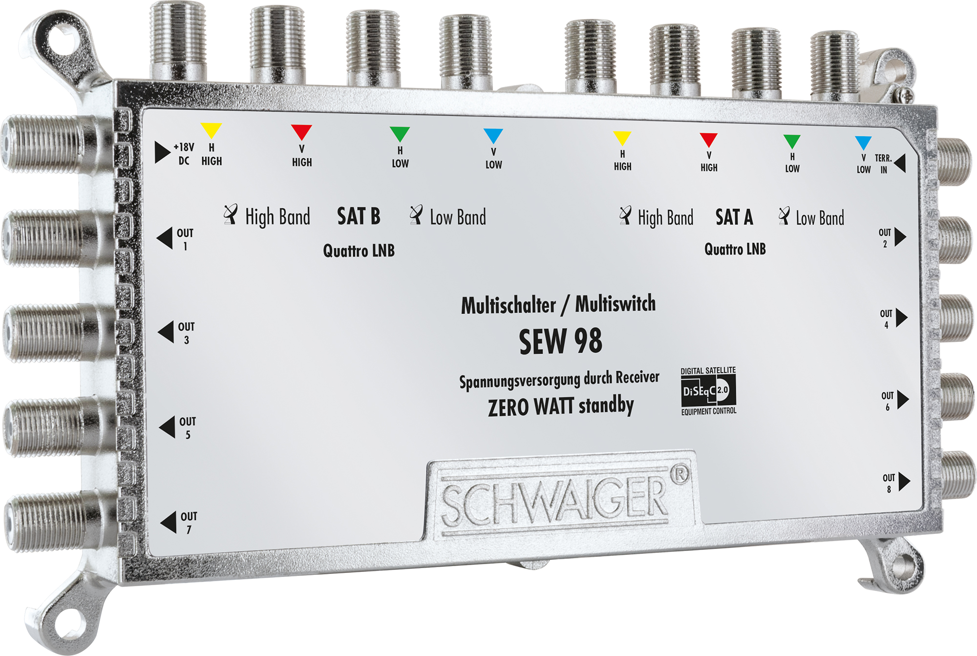 Ein silberner Multischalter SEW 98 mit mehreren Anschlüssen.