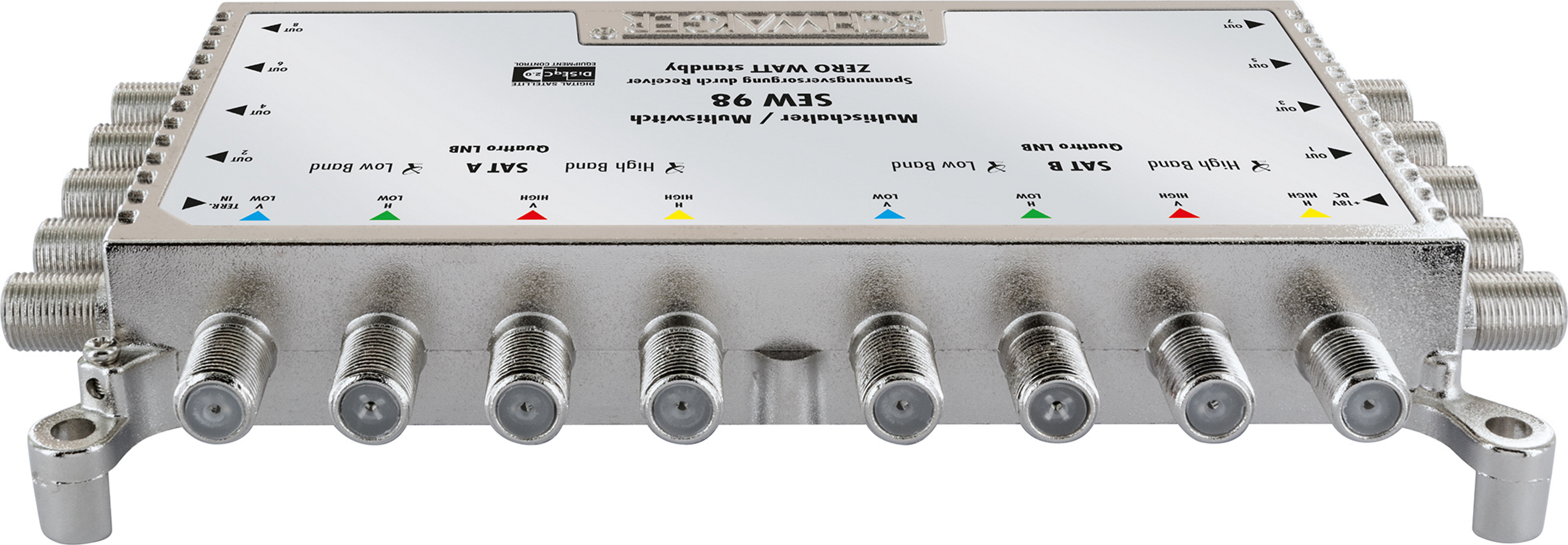 Ein silbernes Multi-Switch-Gerät mit mehreren Anschlüssen. Es hat Etiketten und Anschlüsse.