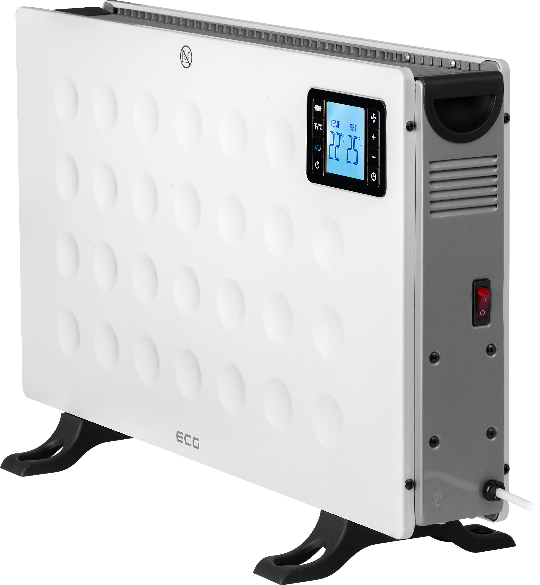 Biały grzejnik elektryczny z cyfrowym wyświetlaczem pokazującym ustawienia temperatury.