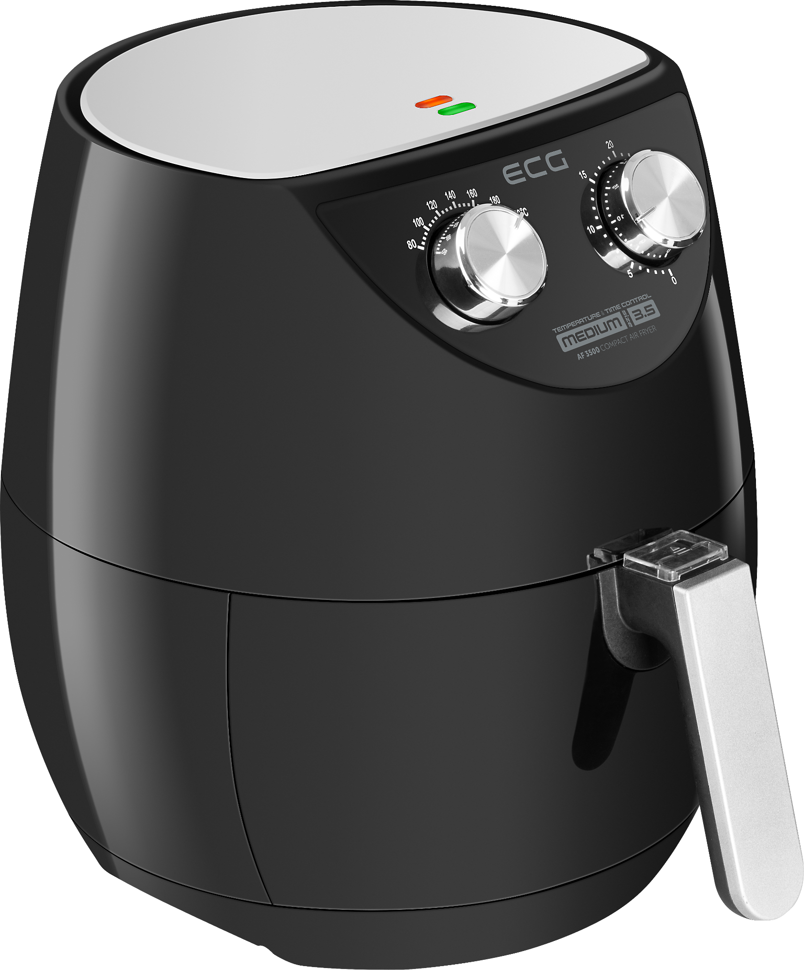 Czarna frytkownica beztłuszczowa z uchwytem i pokrętłami sterowania. Ma srebrny uchwyt i białą górną część.