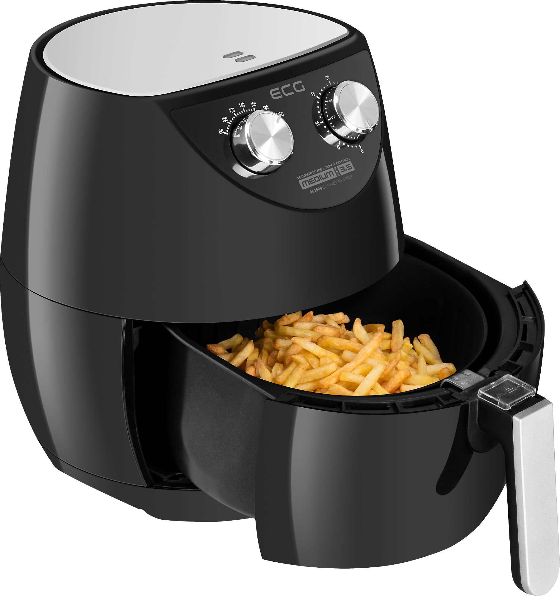 Czarna frytkownica powietrzna z frytkami w środku. Biała góra i przód. Obecne są pokrętła i uchwyt.