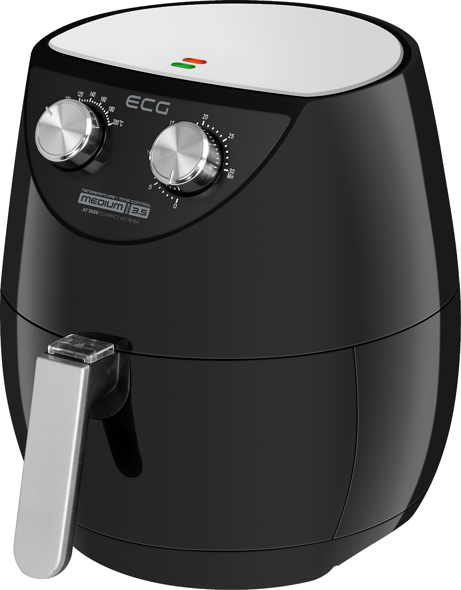 Czarna frytkownica powietrzna z pokrętłami i uchwytem na białym tle.