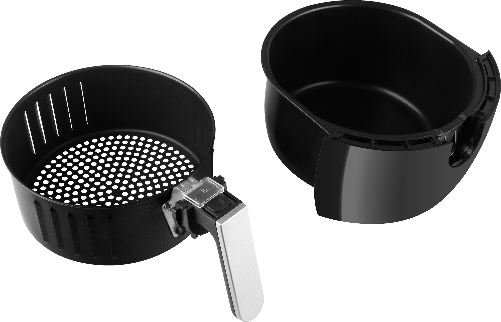 Dwa czarne kosze do frytkownicy beztłuszczowej, jeden z uchwytem, na ciemnym tle.