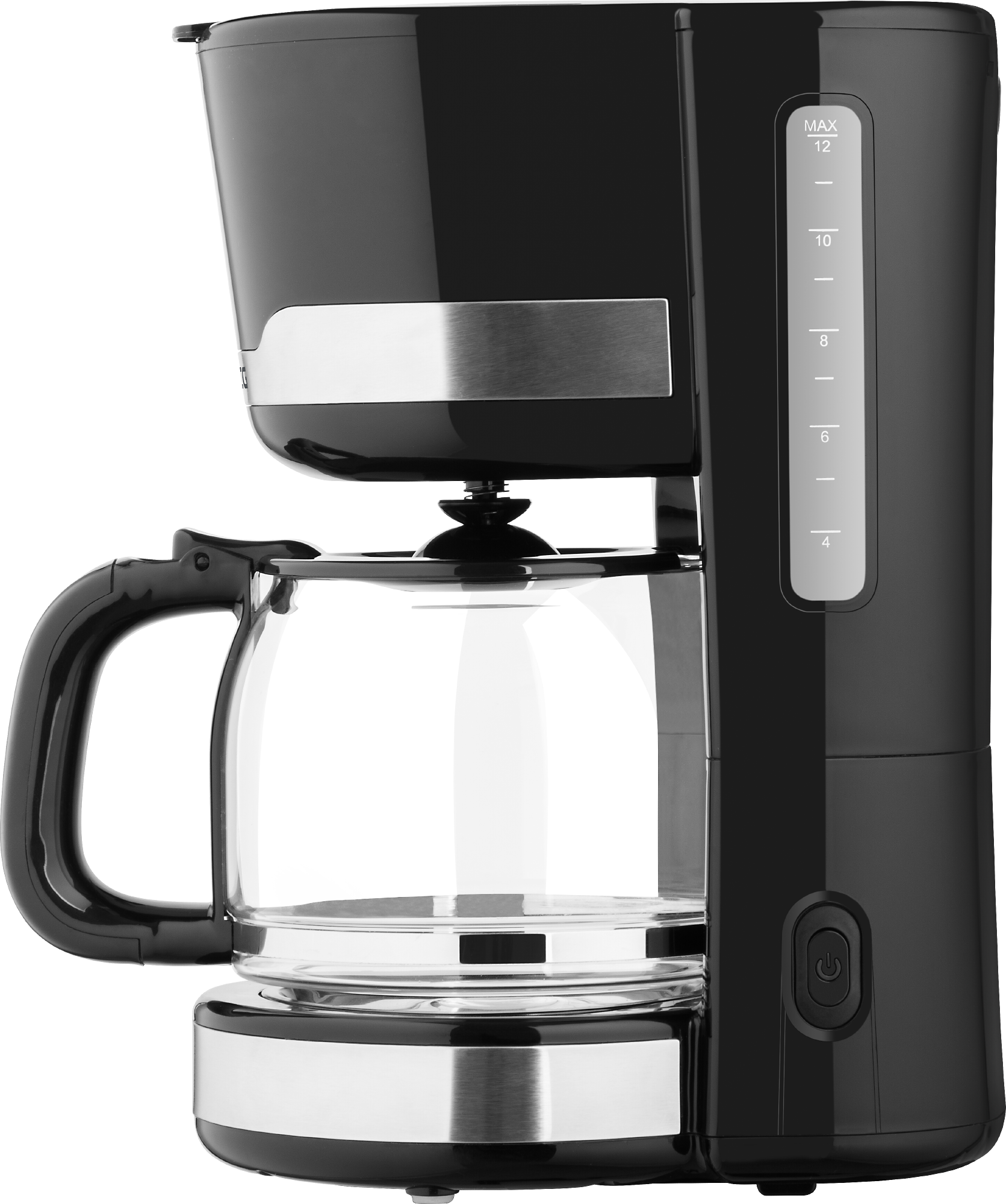 Cafetera negra con jarra de vidrio e indicador de nivel de agua. Tiene asa y botón de encendido.