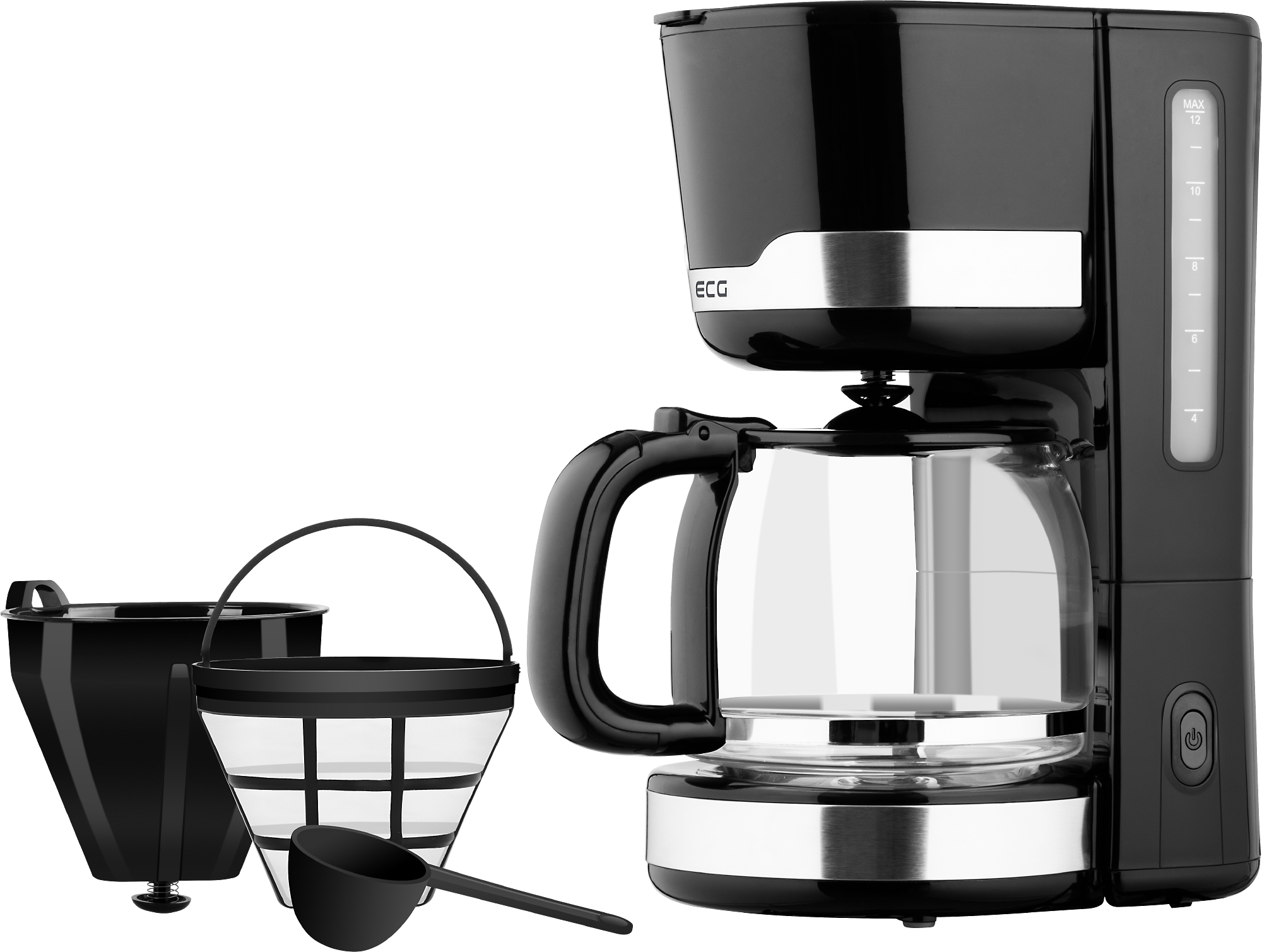 Una cafetera negra con una jarra de vidrio y accesorios.