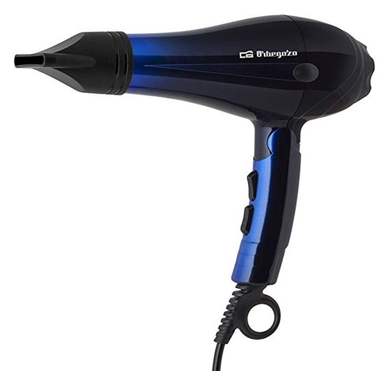 Czarna i niebieska suszarka do włosów z widoczną na boku marką Orbegozo.