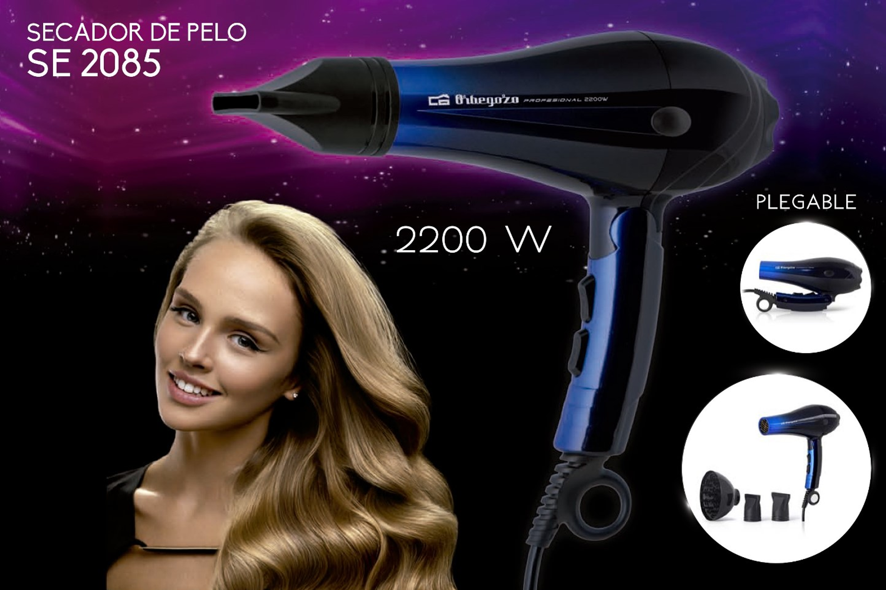 Czarna i niebieska suszarka do włosów z uśmiechniętą kobietą, nazwą produktu i funkcjami.