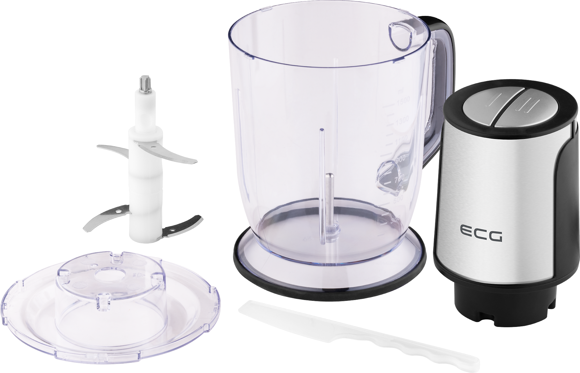 Zerlegter Food Processor: Klingen, klare Schüssel, Deckel und ein silberner Motorsockel.