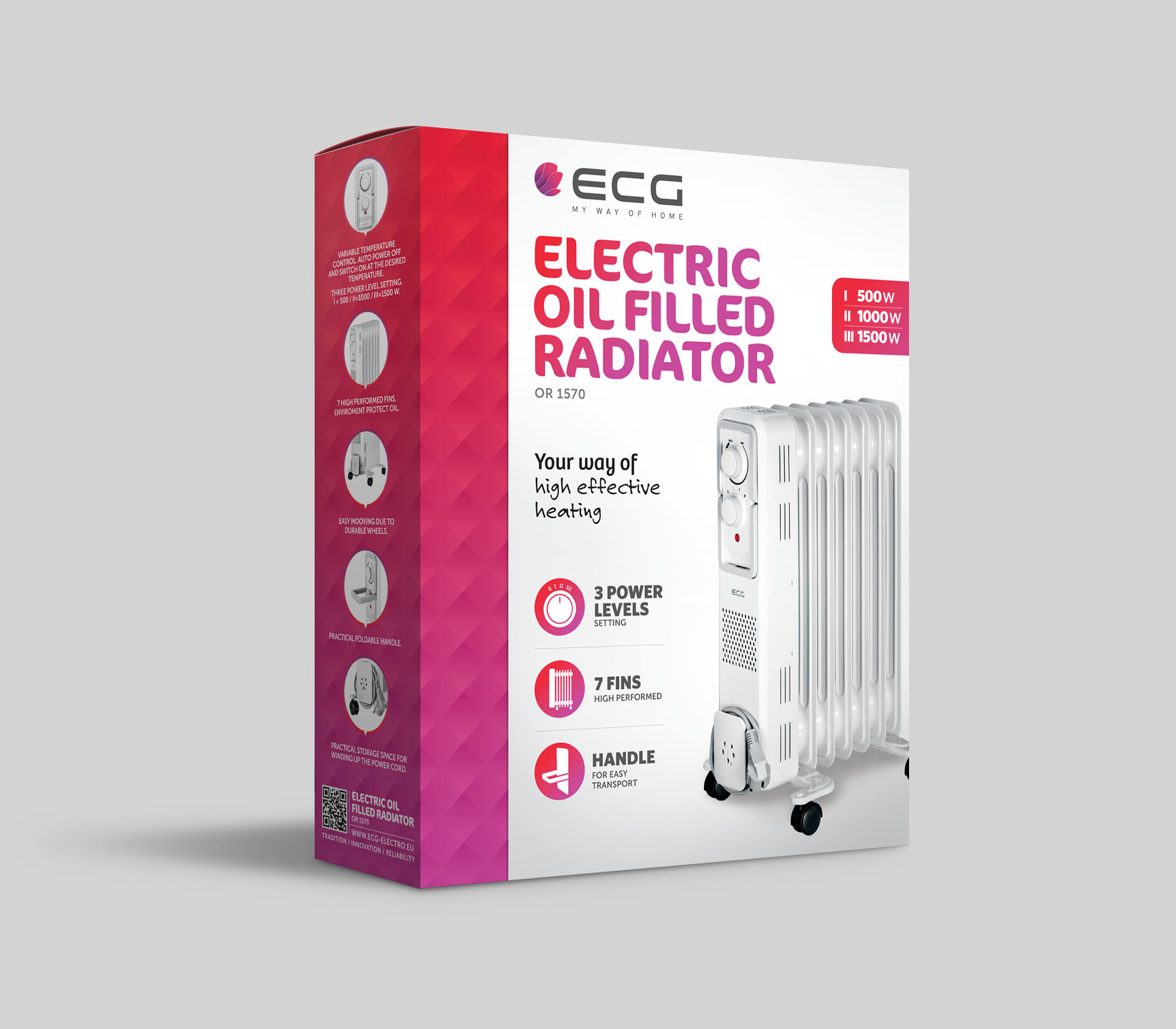 Biało-czerwone pudełko z elektrycznym grzejnikiem olejowym. Pokazuje produkt z 7 żeberkami.