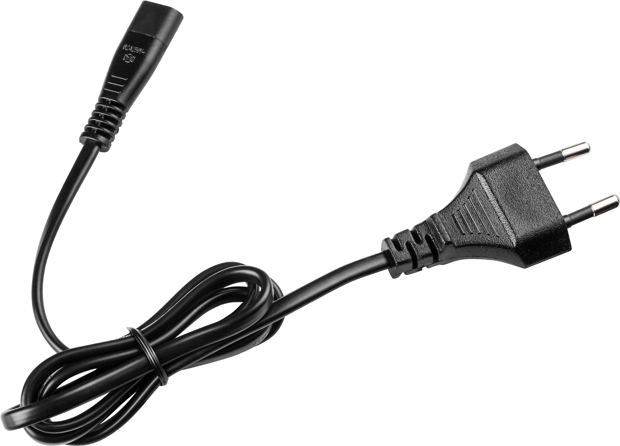 Czarny kabel zasilający i wtyczka. Czarne tło.