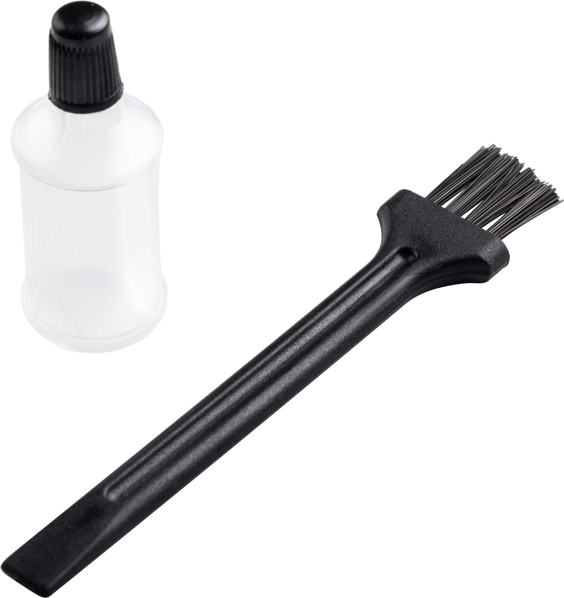 Czarna szczotka i mała biała butelka z czarną nakrętką na czarnym tle.
