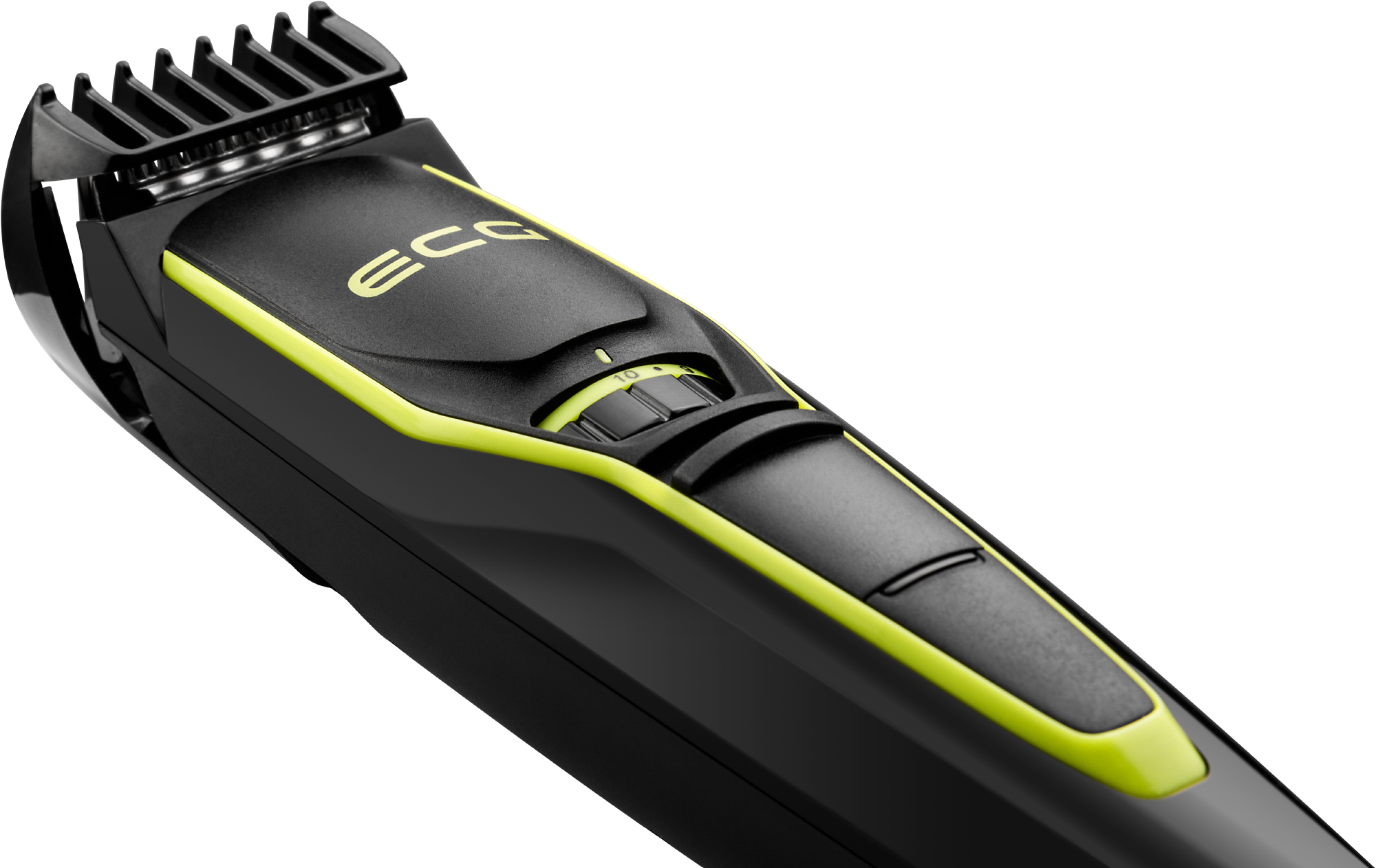 Czarna i neonowo zielona trymer do brody z ustawieniami i ostrzami.