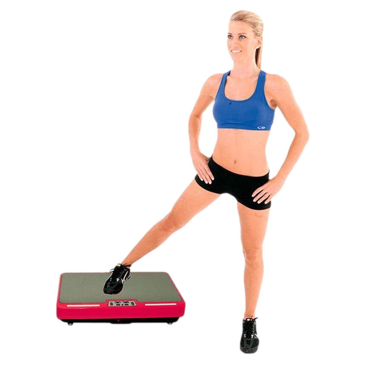 Femme faisant de l'exercice sur une plateforme vibrante rouge.