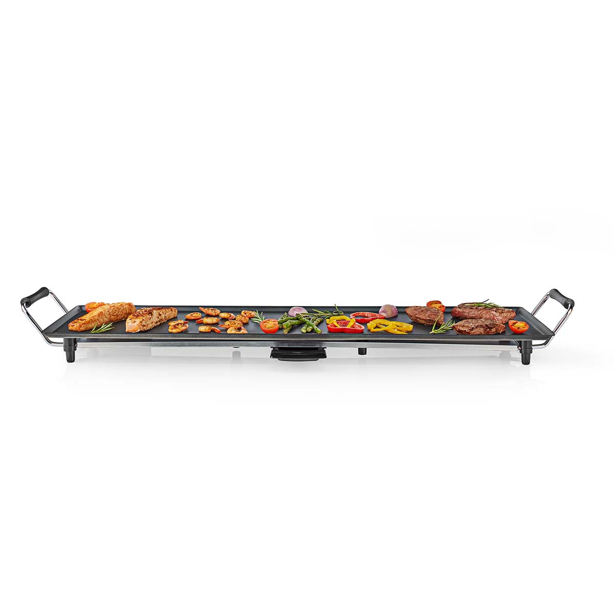 Elektrischer Grill mit verschiedenen gegrillten Speisen auf weißem Hintergrund, isoliert, mit Griff auf jeder Seite.